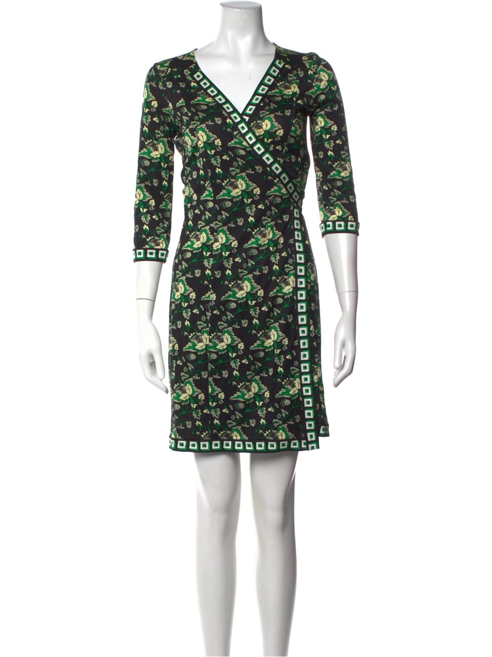Diane Von Furstenberg Black Wrap Dress with Green Floral Print